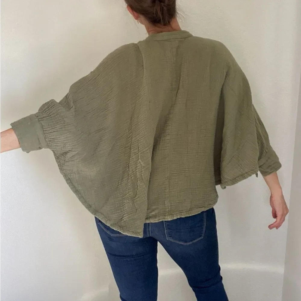 Free People Top Dolman Drape Poncho Flowy Cotton Olive Oversized